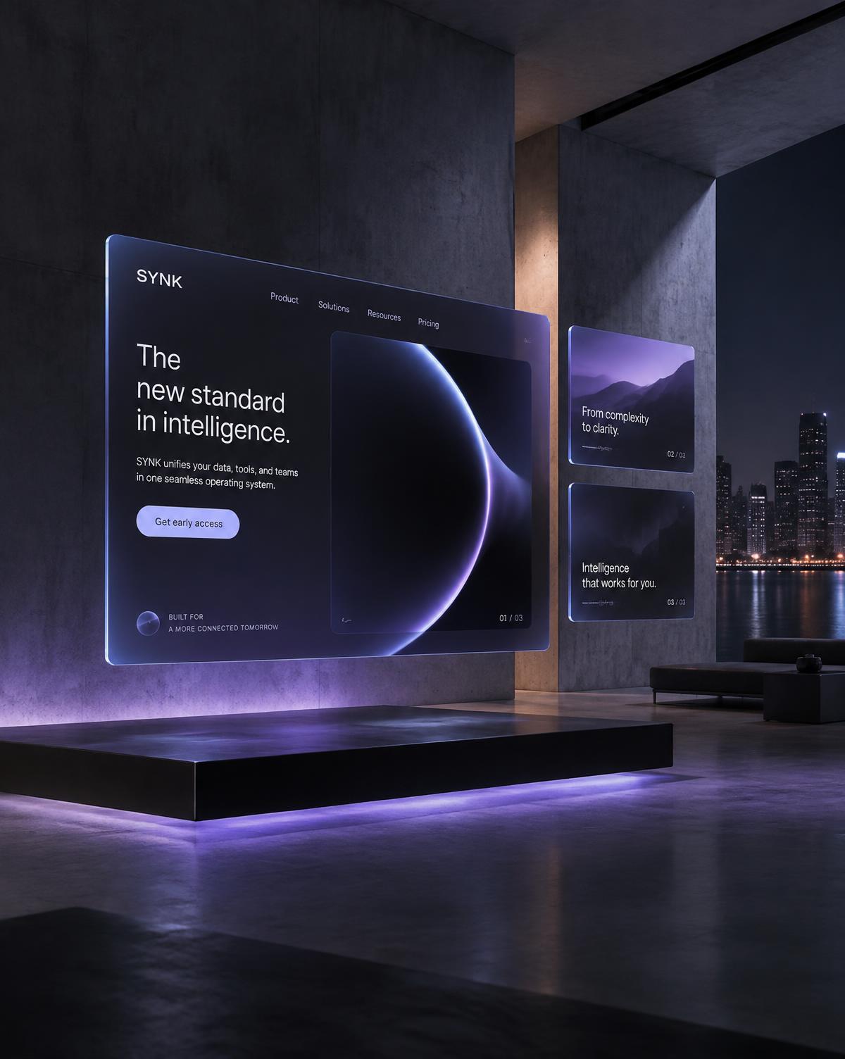 A premium digital product shown on floating glass screens in a gallery