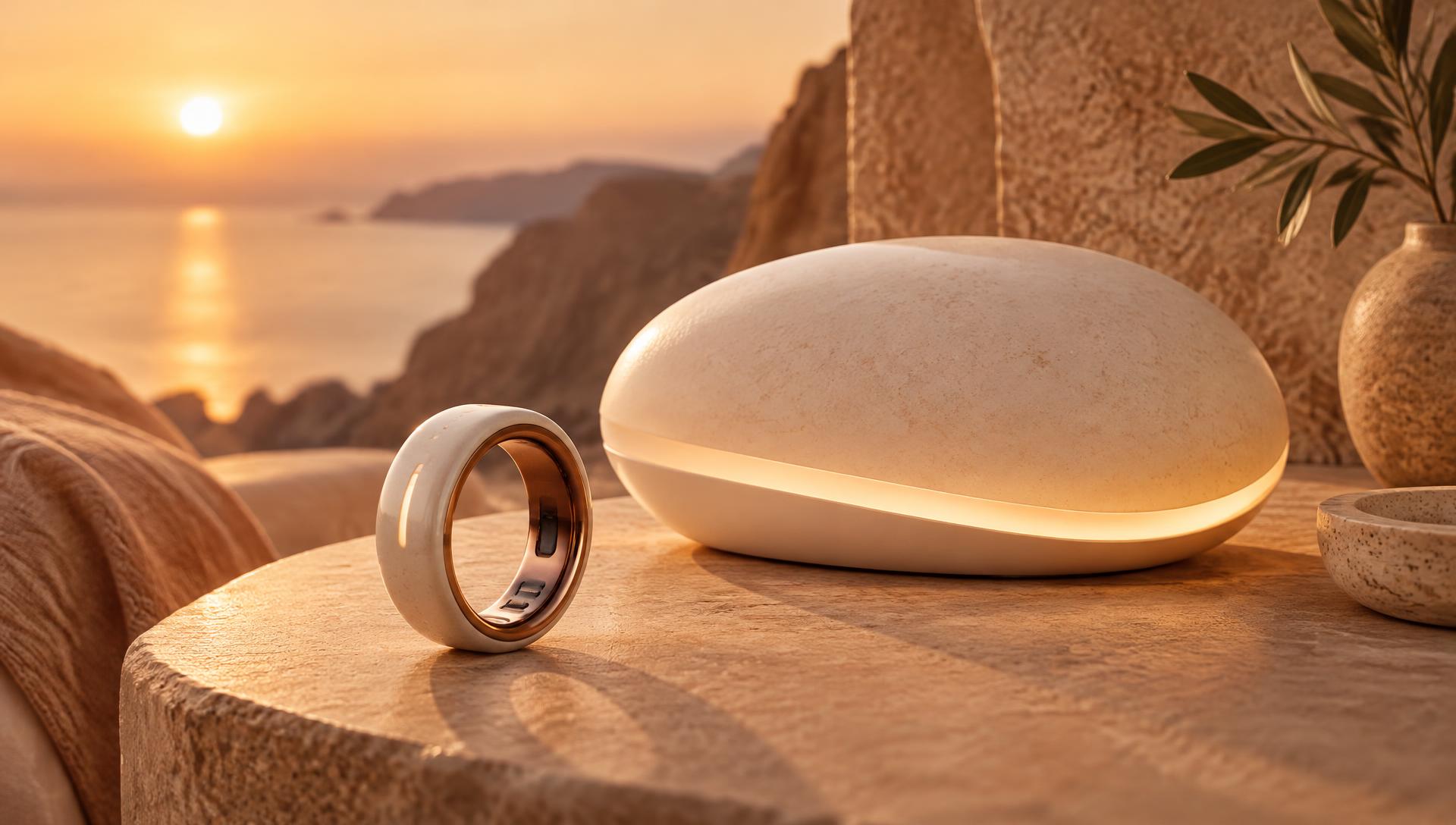 Solenne ceramic smart ring and glowing bedside device on warm sandstone at sunset