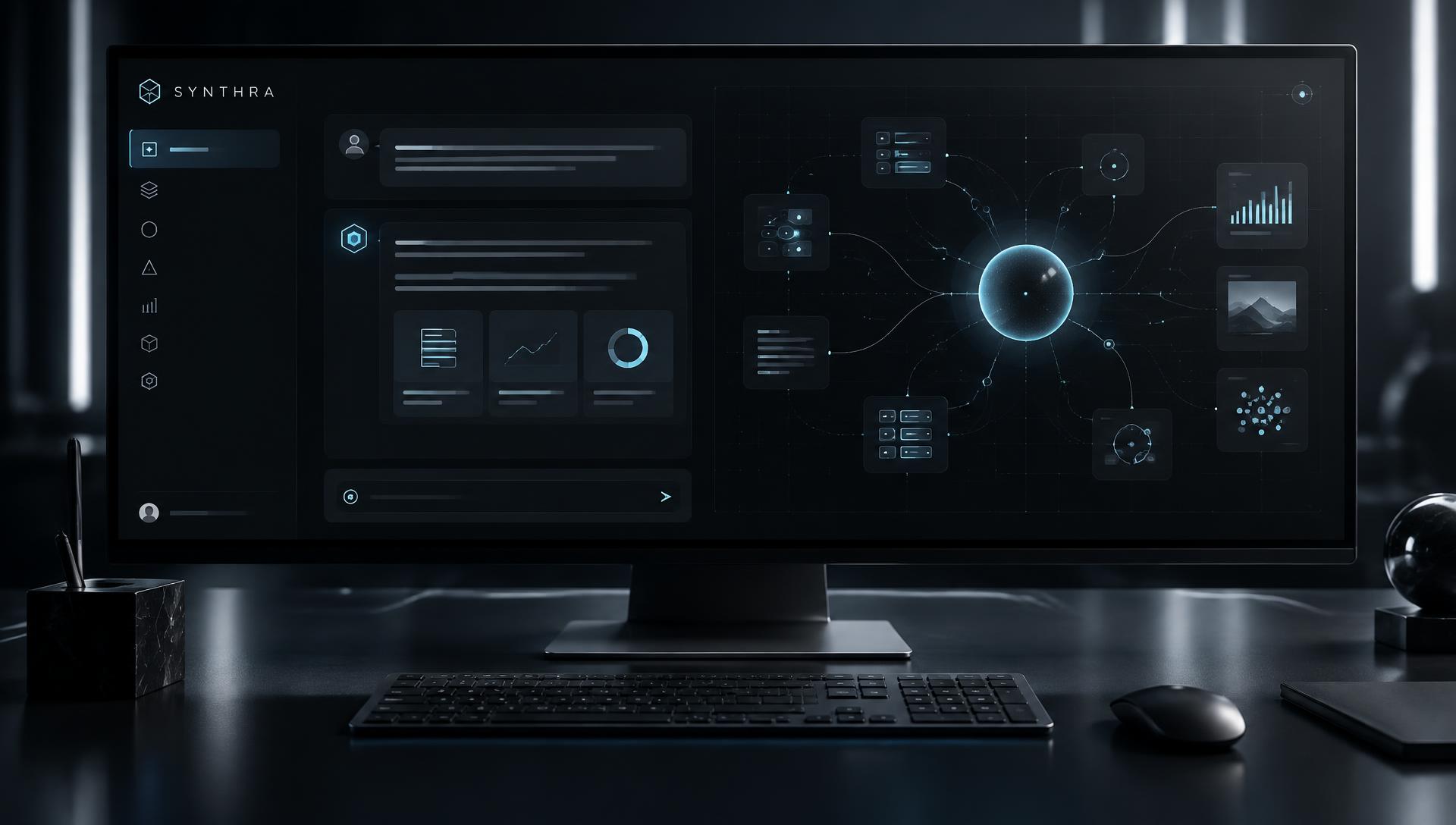 Synthra AI workspace on a wide monitor with a glowing agent network